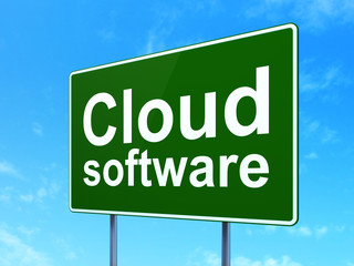 Cloud networking concept: Cloud Software on green road highway sign, clear blue sky background, 3D rendering