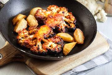 Vegetarian roasted cauliflower steak with herbsand fried potatoes