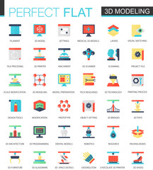 Vector set of flat 3d printing and modeling icons.