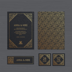 Luxury wedding invitation or greeting card with geometric ornament. Art Deco style. Paper lace envelope template. Wedding invitation envelope mock-up for laser cutting. Vector illustration.