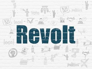 Political concept: Painted blue text Revolt on White Brick wall background with Scheme Of Hand Drawn Politics Icons