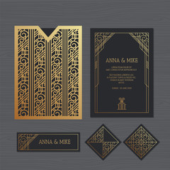 Luxury wedding invitation or greeting card with geometric ornament. Art Deco style. Paper lace envelope template. Wedding invitation envelope mock-up for laser cutting. Vector illustration.