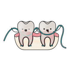 teeth cartoon and dental floss between them and holding hands in colored crayon silhouette
