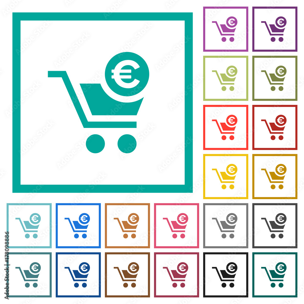 Poster checkout with euro cart flat color icons with quadrant frames