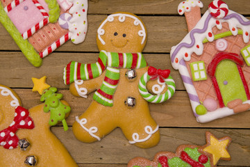 Christmas Gingerbread Cookies on a Wooden Table