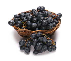 Dark grapes in wooden wicker basket, isolated on white background