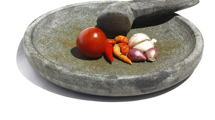 home made seasoning chili concept with mortar and pastel