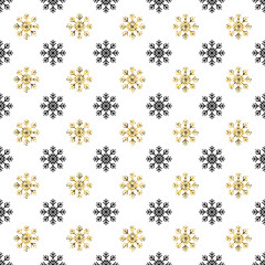 Christmas New Year seamless pattern with snowflakes. Holiday background. Gold snowflakes. Xmas winter decoration. Golden texture. Hand drawn vector illustration. Snow pattern. Wrapping gift paper.