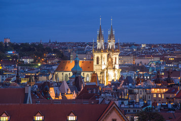 Prague, Czech Republic - October 6, 2017: Beautiful evening roof view on Tyn Church and  Old Town Square, Prague, Czech Republic. The Church of Our Lady Before Tyn.