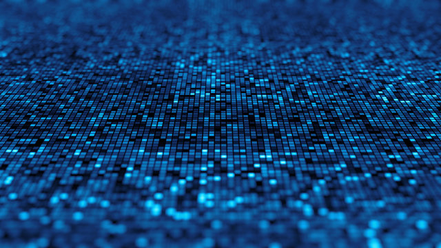 3d Monochromatic abstract background. Abstract bright glitter background of mosaic. Elegant illustration. Digital glowing pixels on blured background. Interplay of waves and rectangle dots.