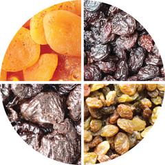 collage of dry fruits: light and black raisins, dried apricots and prunes