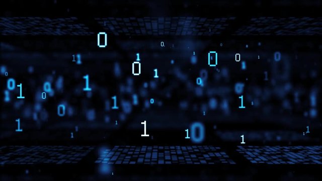 3d rendering. Many bytes of binary code flying through a camera, with depth of field. Binary code or Digital Abstract technology background. Loopable animation. Big data concept.