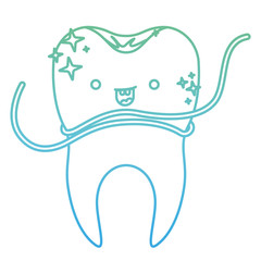 kawaii tooth with root and dental floss around in degraded green to blue color contour
