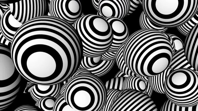 Abstract background with black and white spheres. Seamless loop