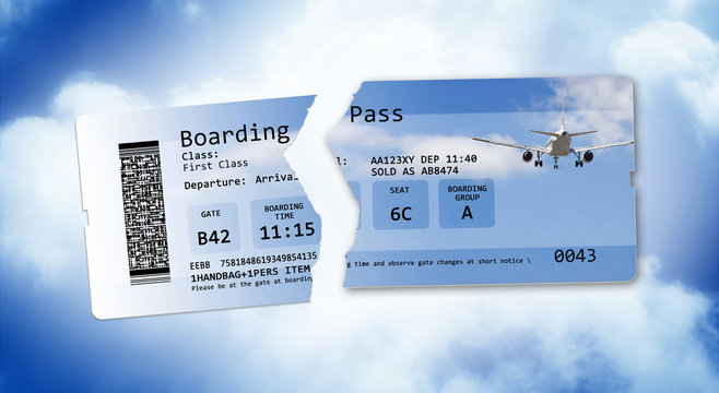 Flight cancelled concept image with ripped flight ticket - The image is totally invented and does not contain under copyright parts