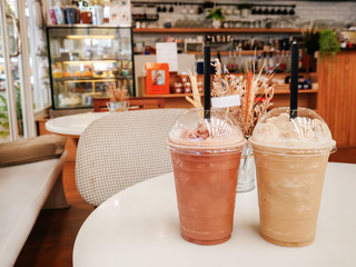 Cappucino Frappe and Frappuccino on white table at coffee shop - 178101879