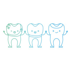 dental crown and implant and restored teeth cartoon holding hands in degraded green to blue color contour