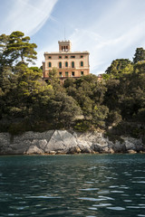 Fototapeta na wymiar Prelo di Rapallo, Liguria Italia -the Spinola Castle is located on the coast between Santa Margherita Ligure and San Michle di Pagana. It is currently owned by the Order of Malta. 