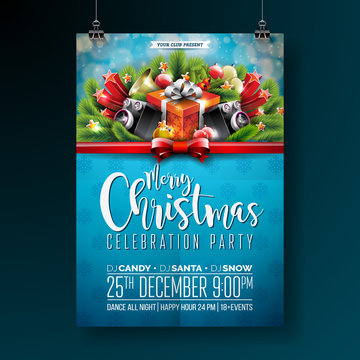 Vector Merry Christmas Party design with holiday typography elements and speakers on shiny background. Celebration Fliyer Illustration. EPS 10.