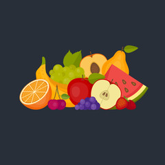 Fruits and berries. Healthy food. Flat style, vector illustration.