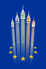 Euro money airplanes rising from european flag