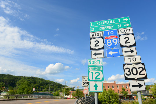 Road Sign Of Interstate Highway 89, US Route 2, Vermont Route 12 In Montpelier, Vermont, USA.