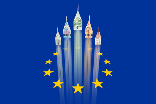 Euro money airplanes rising from european flag