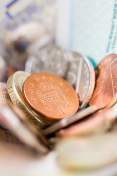 Close-up of British coins and banknotes