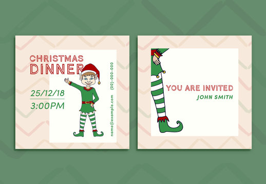 Square Christmas Party Card Layout with a Cartoon Elf
