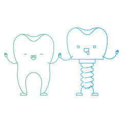 cartoon tooth and tooth implant with screw and holding hands in degraded green to blue color contour