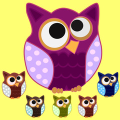 Set of six Brown owl with blue wings in speckled and centered eyes