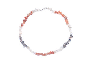 Multi-colored tumbled moonstone chips necklace with clasp, isolated on white background