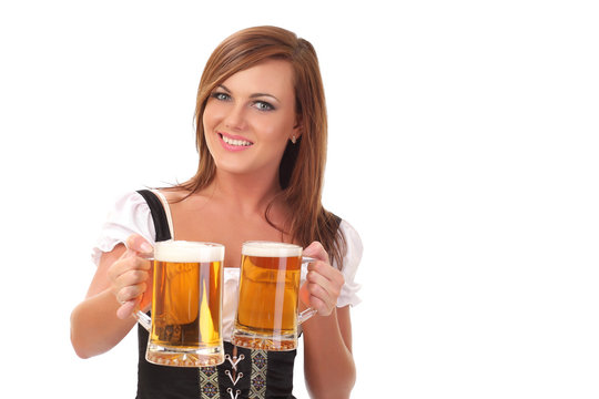 Beautiful young smiling woman giving beer