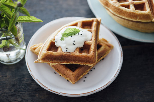 Food: Savoury Chickpea Waffles with lemon mint yogurt and black cumin