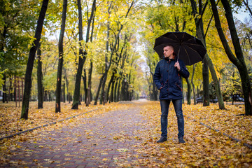 Fototapeta premium man with an umbrella walks in the autumn park