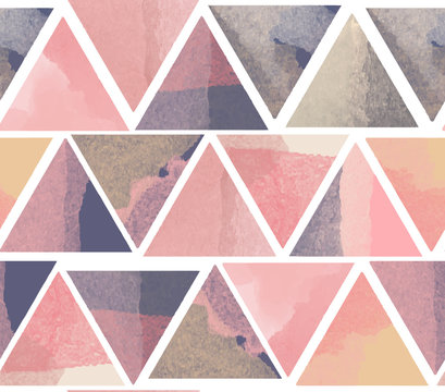 Watercolor pink and purple triangle abstract seamless pattern © momosama
