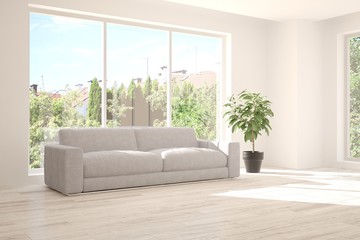 Idea of white room with sofa and summer landscape in window. Scandinavian interior design. 3D illustration
