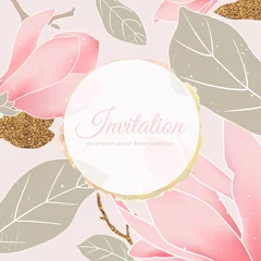 Stoff pro Meter Hand drawn pink magnolia flowers with leaves and grunge golden circle frame with golden glitter © momosama