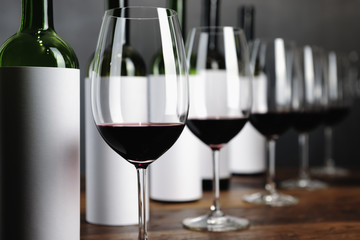 Bottles arranged for blind wine tasting