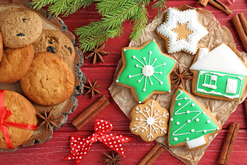 Beautiful composition with Christmas cookies on wooden background