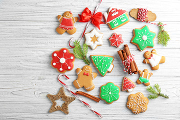 Creative Christmas cookies on wooden background