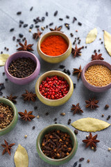 Spices in containers on a gray background