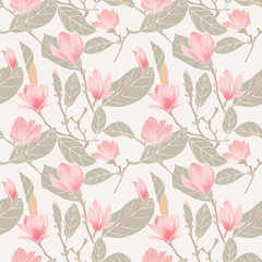 Naklejka premium Hand drawn pink magnolia flower vector seamless pattern