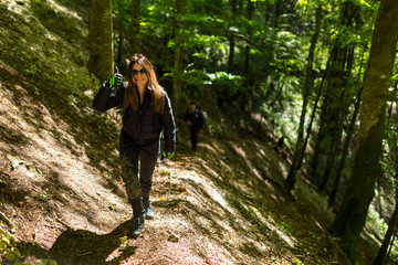 Tourists hiking on a trail