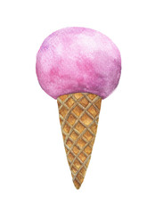 Ice cream in waffle cone isolated on white background. Watercolor illustration.