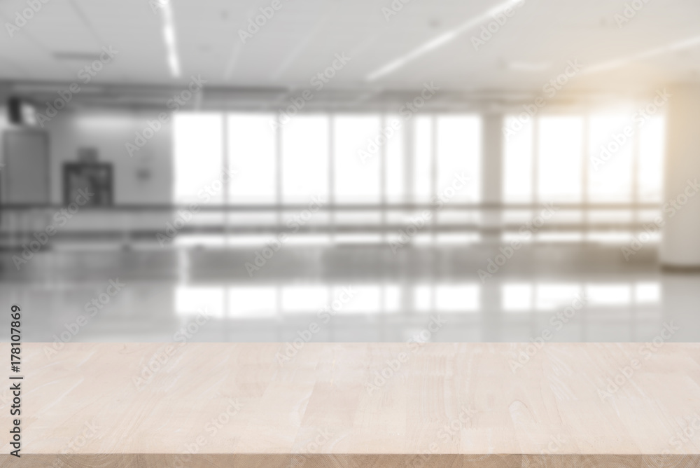 Wall mural top empty wood table on blurred abstract hallway background. can be used for display or montage your