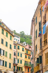 Fototapeta na wymiar View to buildings and sky in a foggy day, Cinque Terre, Vernazza, Italy