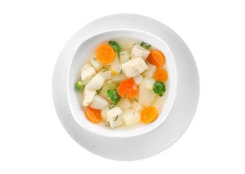 Plate of delicious baby soup, isolated on white
