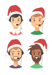 Portrait of happy smiling male customer support phone operator in Christmas hat. Callcenter worker with headset. Cartoon vector illustration man agent