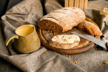 Studio shot breakfast with sandwich and coffee
